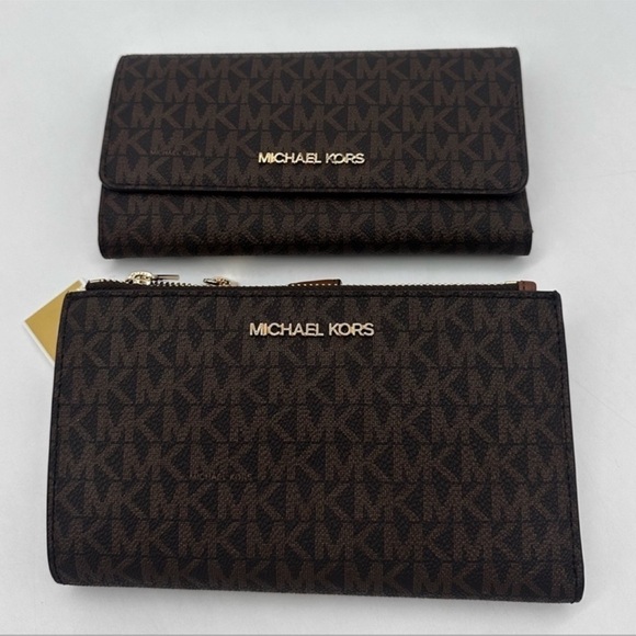 Michael Kors Lg Double Zip Wallet Wristlet & Trifold Wallet Brown | BUNDLE DEAL - Picture 2 of 13